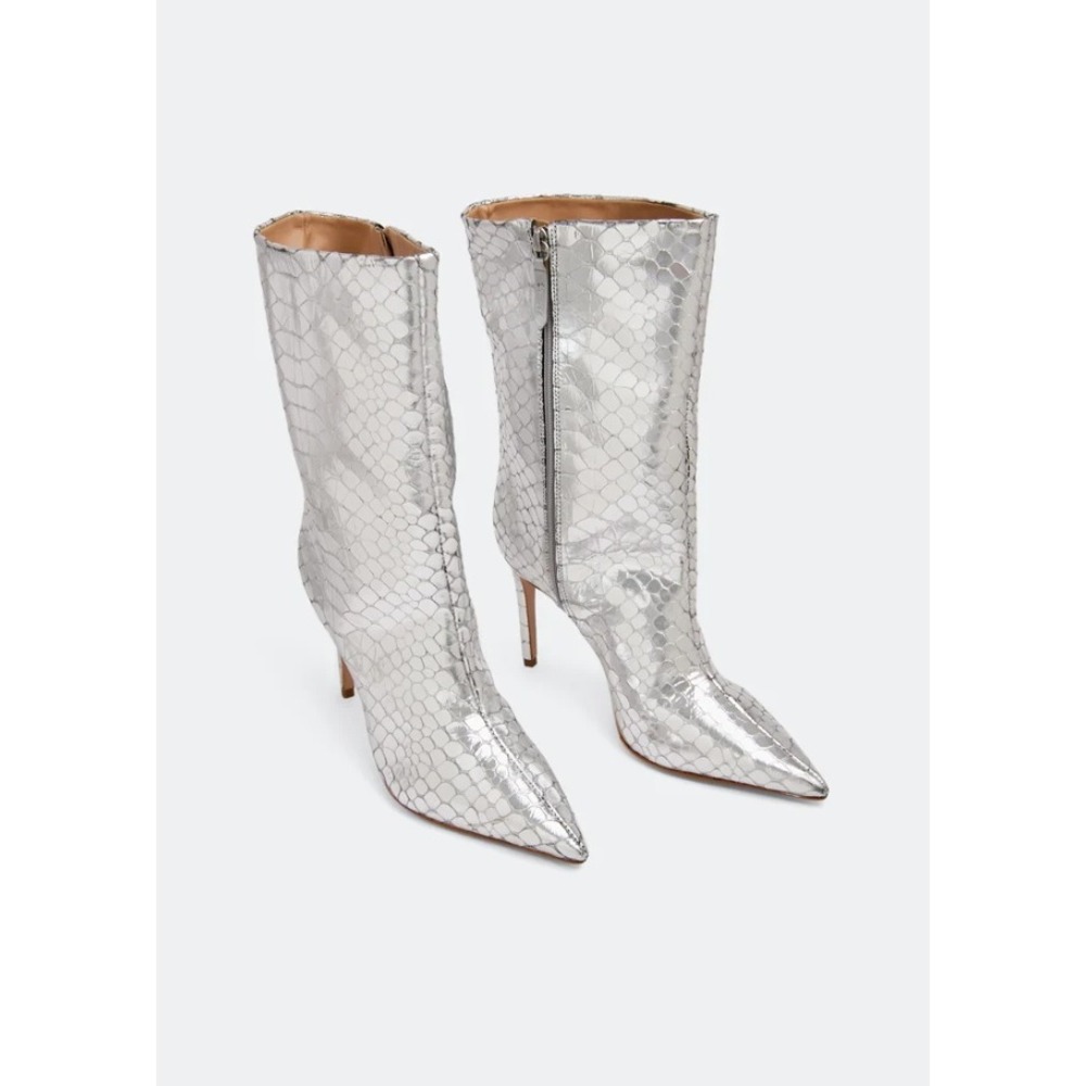 Schutz Mary Crocodile-Embossed Stiletto Boots Silver Metallic Leather Size 9